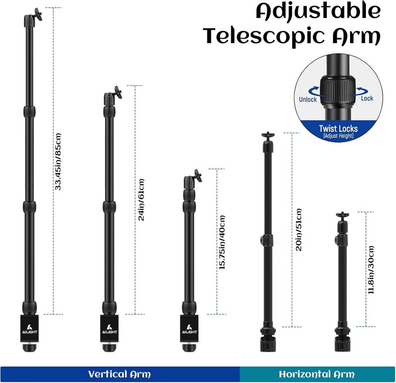 ailight Overhead Camera Mount Desk Stand, 15.75"-33.45" Webcam Mount with 2-Section Adjustable Telescopic Boom Arm, C Clamp/Swiveling Ball Head for DSLR Camera, Phone, Ring Light, Webcam - Image 4